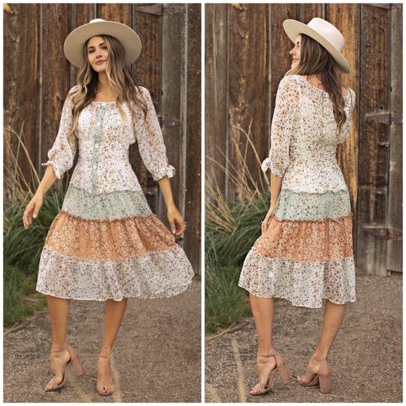 Fig & Flower Alexa 3/4 Sleeve Mixed Ditsy Peasant Dress - Picture 1 of 7
